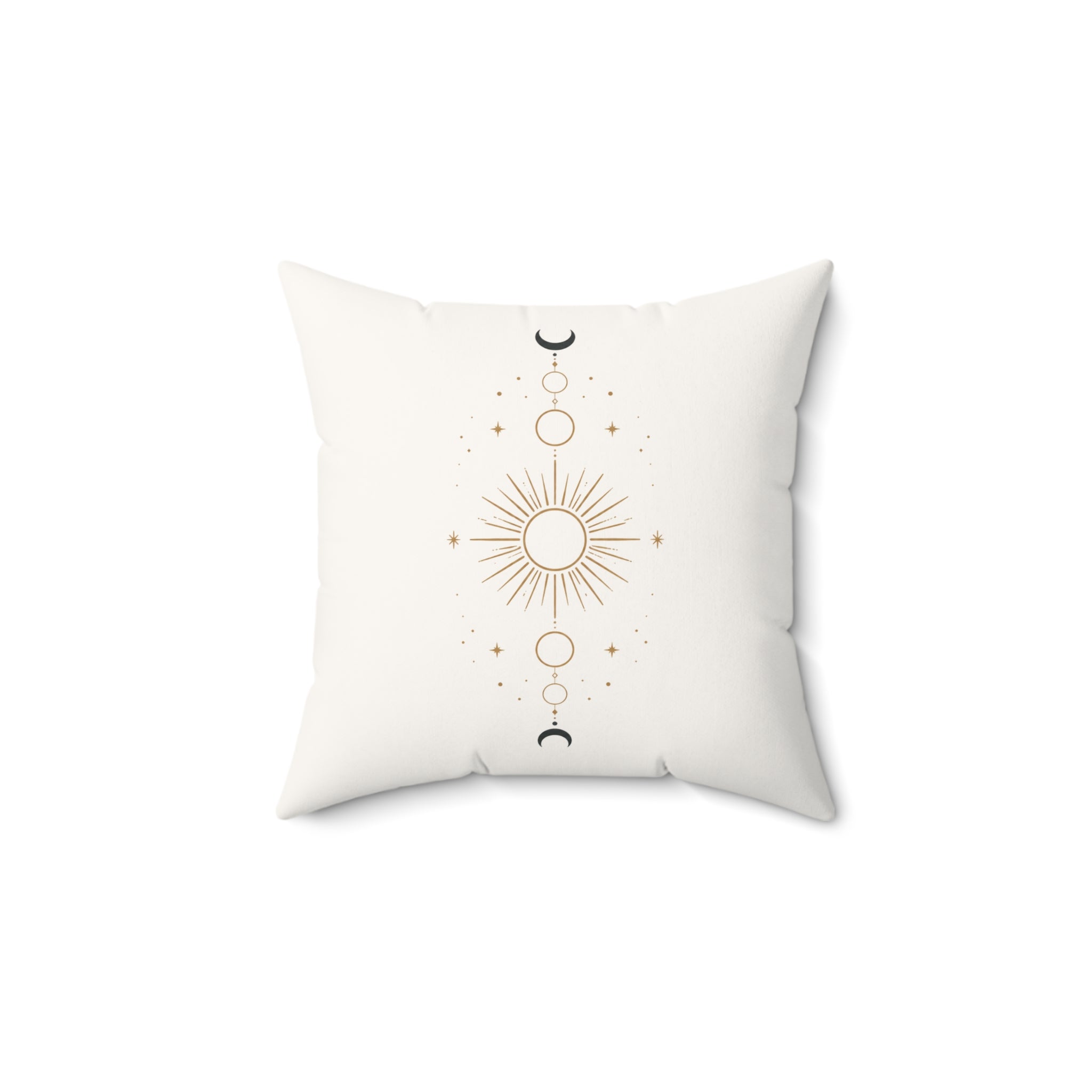 Celestial Moon Phase Sunburst Decorative Pillow — Boho Spiritual Accent