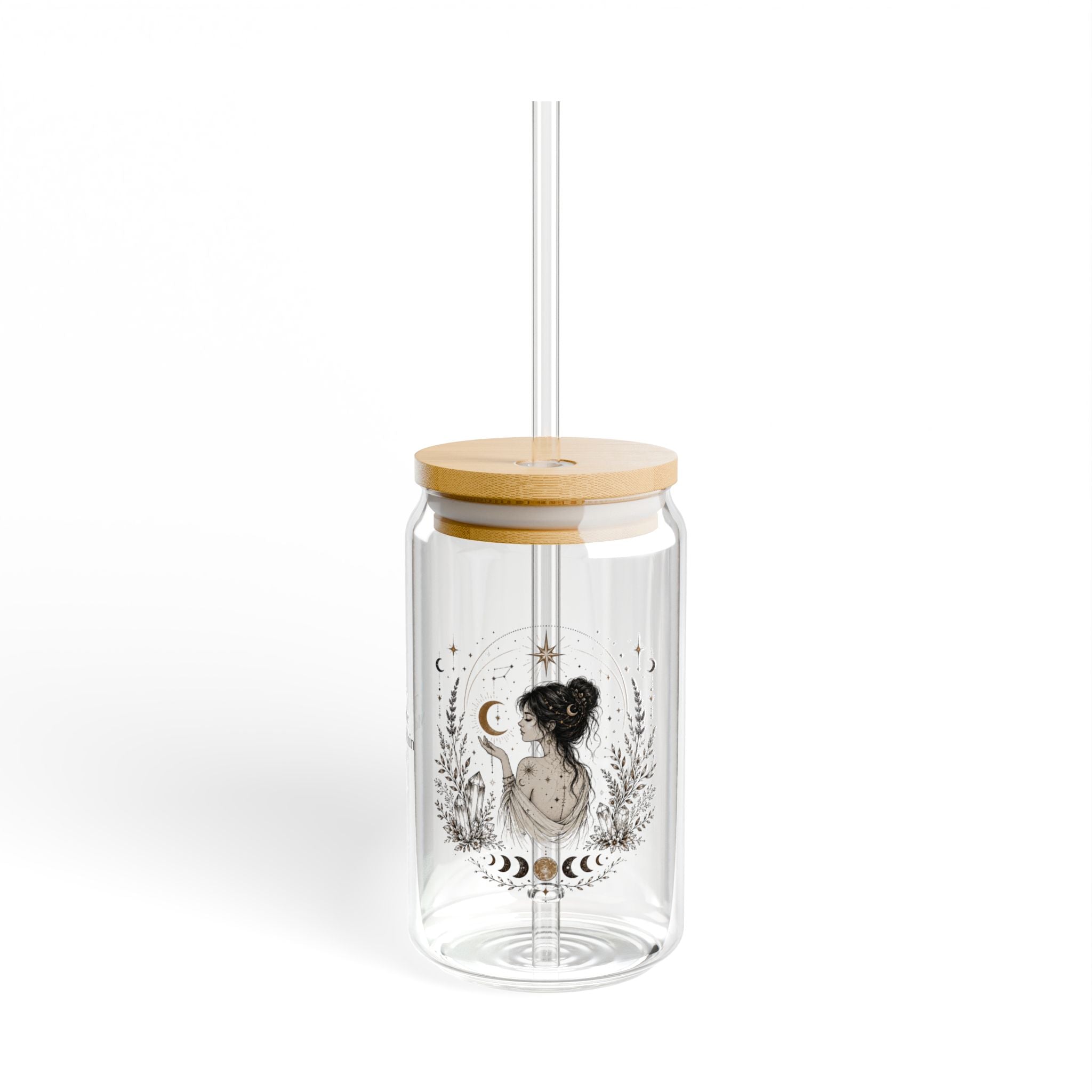 Moon Witch Illustration Sipper Glass | 16oz Glass Tumbler with Straw